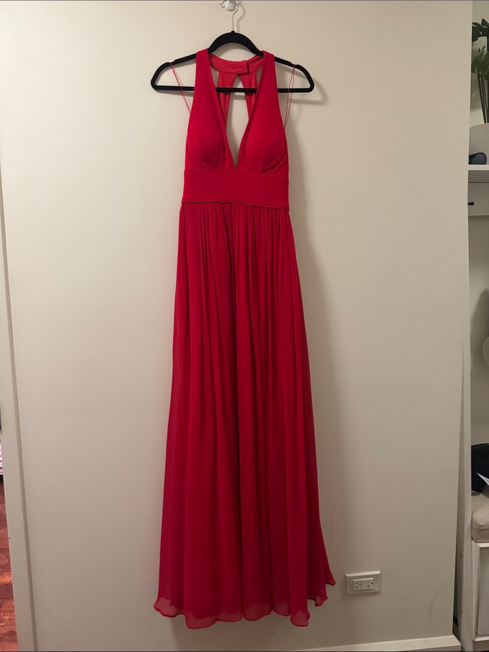Aidan Mattox Vibrant Red Halter Plunge Maxi Dress